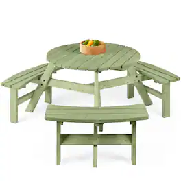 Best Choice Products - 6-Person Circular Outdoor Wooden Picnic Table w/ 3 Built-In Benches, 500lb Capacity - Sage Green