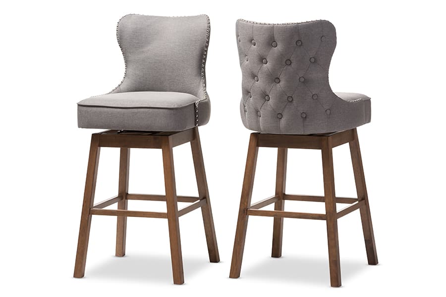 Baxton Studio - Gradisca Modern Brown Finished and Button-Tufted Upholstered 2-Piece Swivel Barstool Set - Grey/Walnut Brown