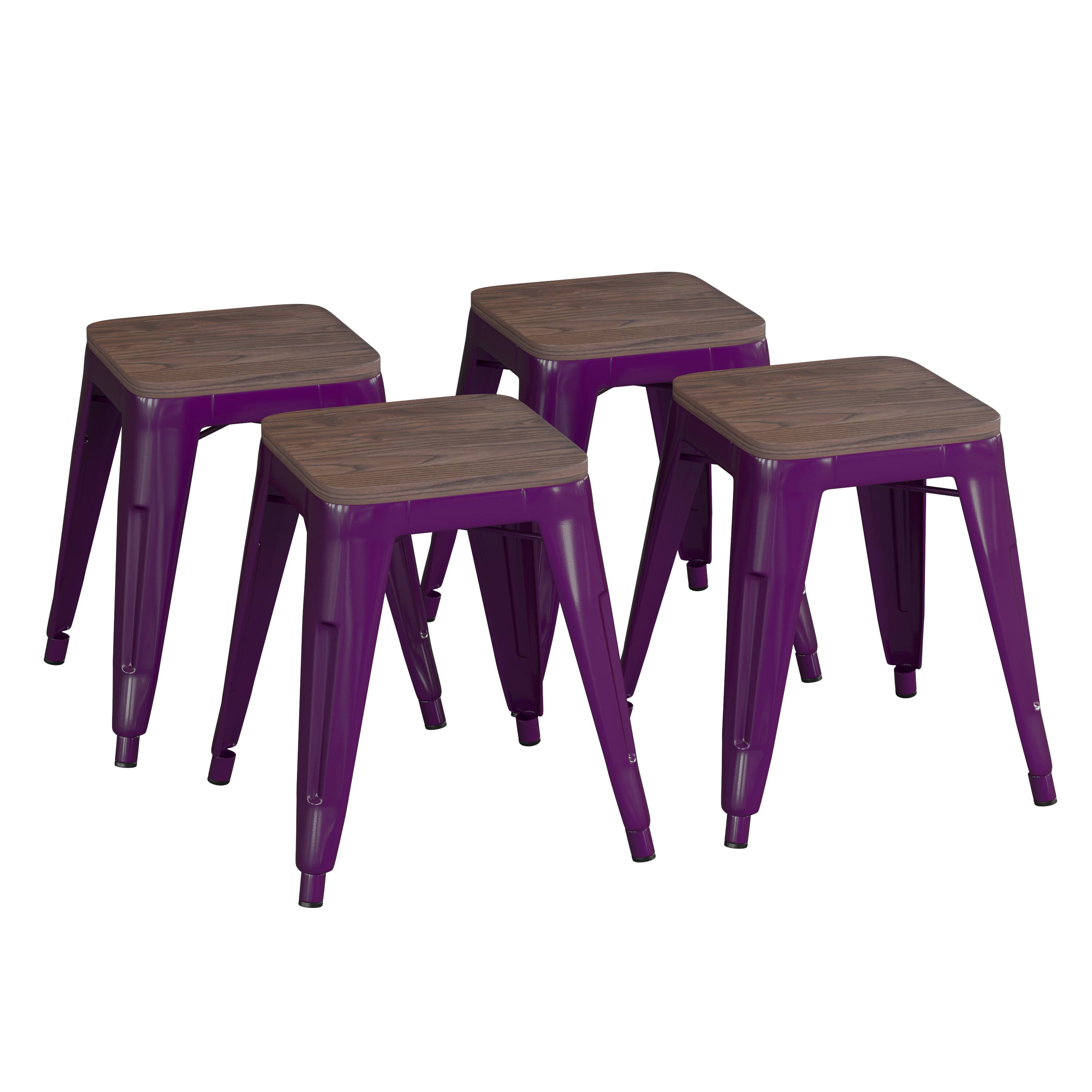 Front. Flash Furniture - Kai 18" Backless Table Height Stool with Wooden Seat, Stackable Purple Metal Indoor Dining Stool, Commercial Grade - Set - Purple.