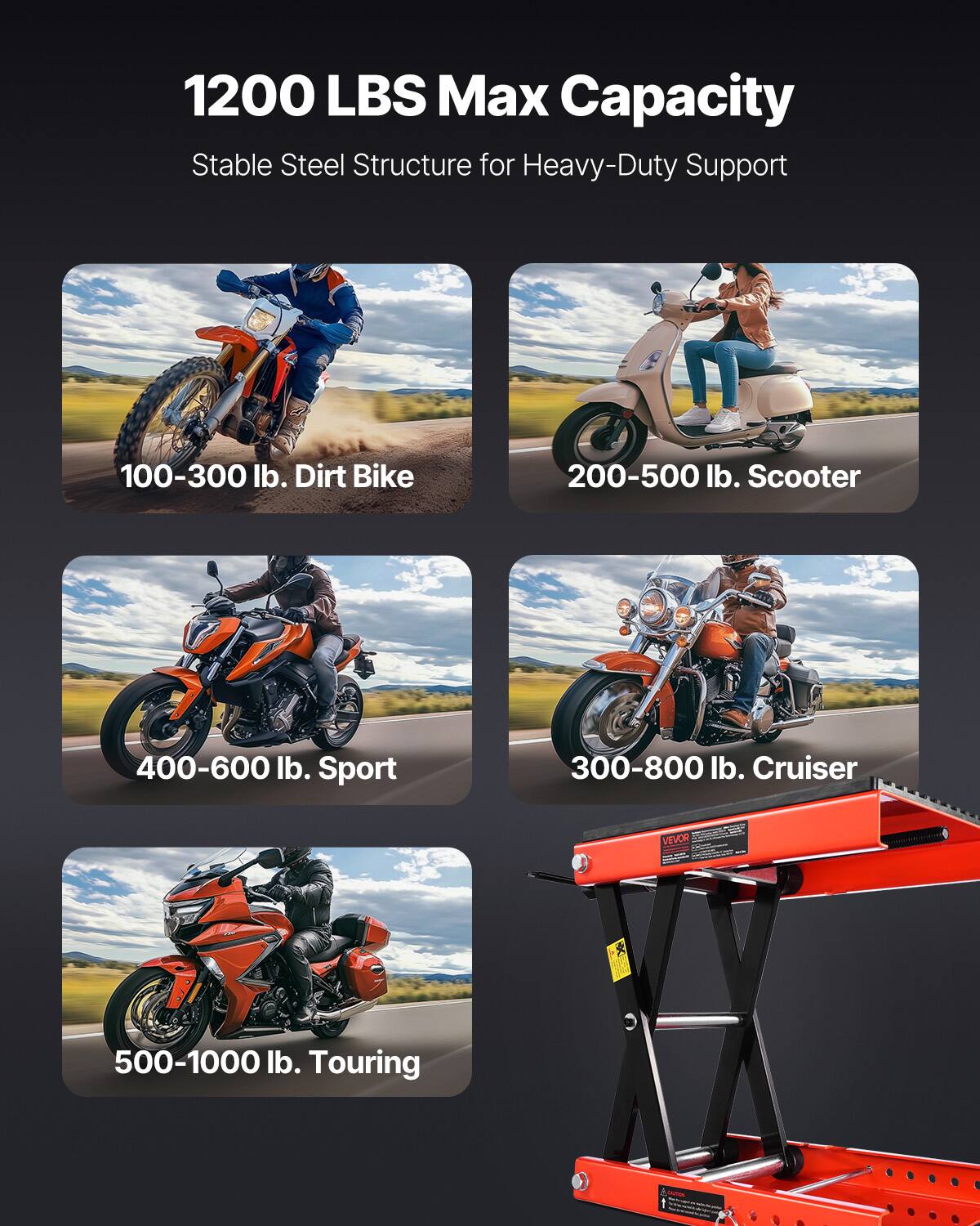 1200 LBS Max Capacity  
Stable Steel Structure for Heavy-Duty Support  

100-300 lb. Dirt Bike  
200-500 lb. Scooter  
400-600 lb. Sport  
300-800 lb. Cruiser  
500-1000 lb. Touring
