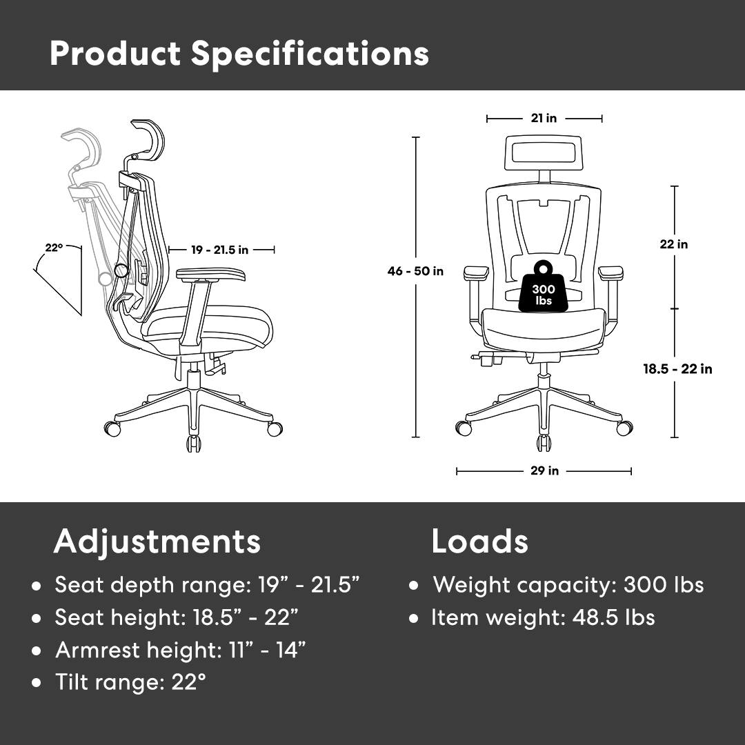 Product Specifications

Adjustments
- Seat depth range: 19" - 21.5"
- Seat height: 18.5" - 22"
- Armrest height: 11" - 14"
- Tilt range: 22°

Loads
- Weight capacity: 300 lbs
- Item weight: 48.5 lbs

Dimensions
- Width: 21 in
- Depth: 46 - 50 in
- Height: 29 in
- Backrest height: 22 in
- Seat height: 18.5 - 22 in
- Armrest height: 11" - 14"
- Tilt range: 22°