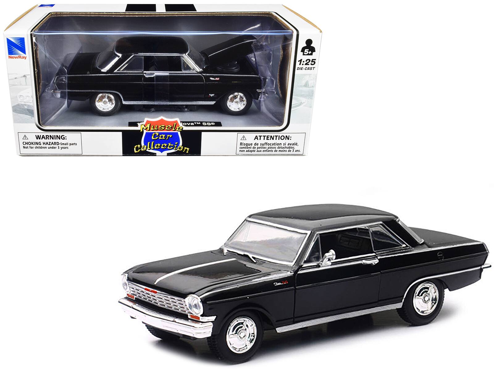 NewRay  
1:25 DIE-CAST  
Muscle Car Collection  

WARNING:  
CHOKING HAZARD - small parts  
Not for children under 3 years  

ATTENTION:  
Risque de suffocation si avalé, contient de petites pièces détachables, non adapté aux enfants de moins de 3 ans.  

5+