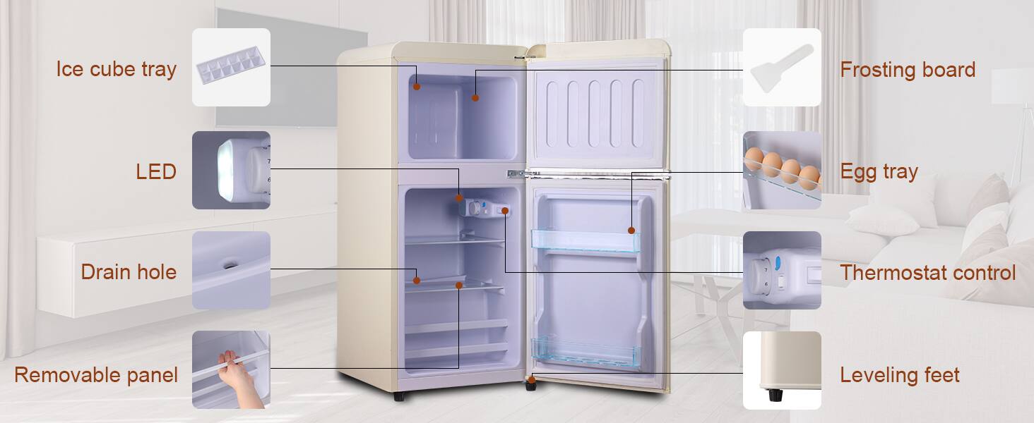 - Ice cube tray
- Frosting board
- LED
- Egg tray
- Drain hole
- Thermostat control
- Removable panel
- Leveling feet