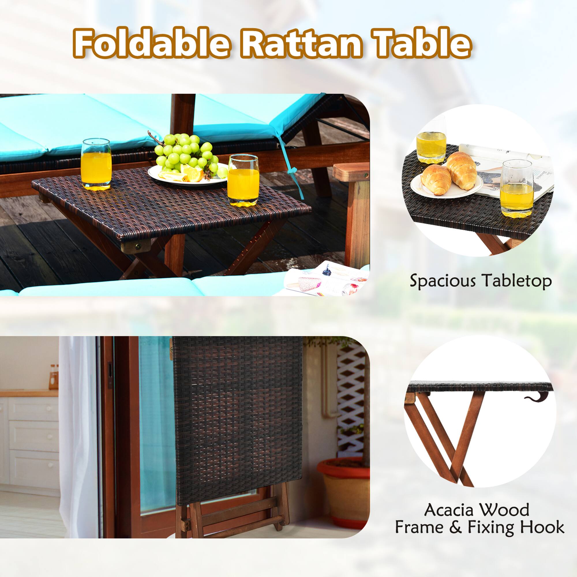 Foldable Rattan Table, Spacious Tabletop, Acacia Wood Frame & Fixing Hook