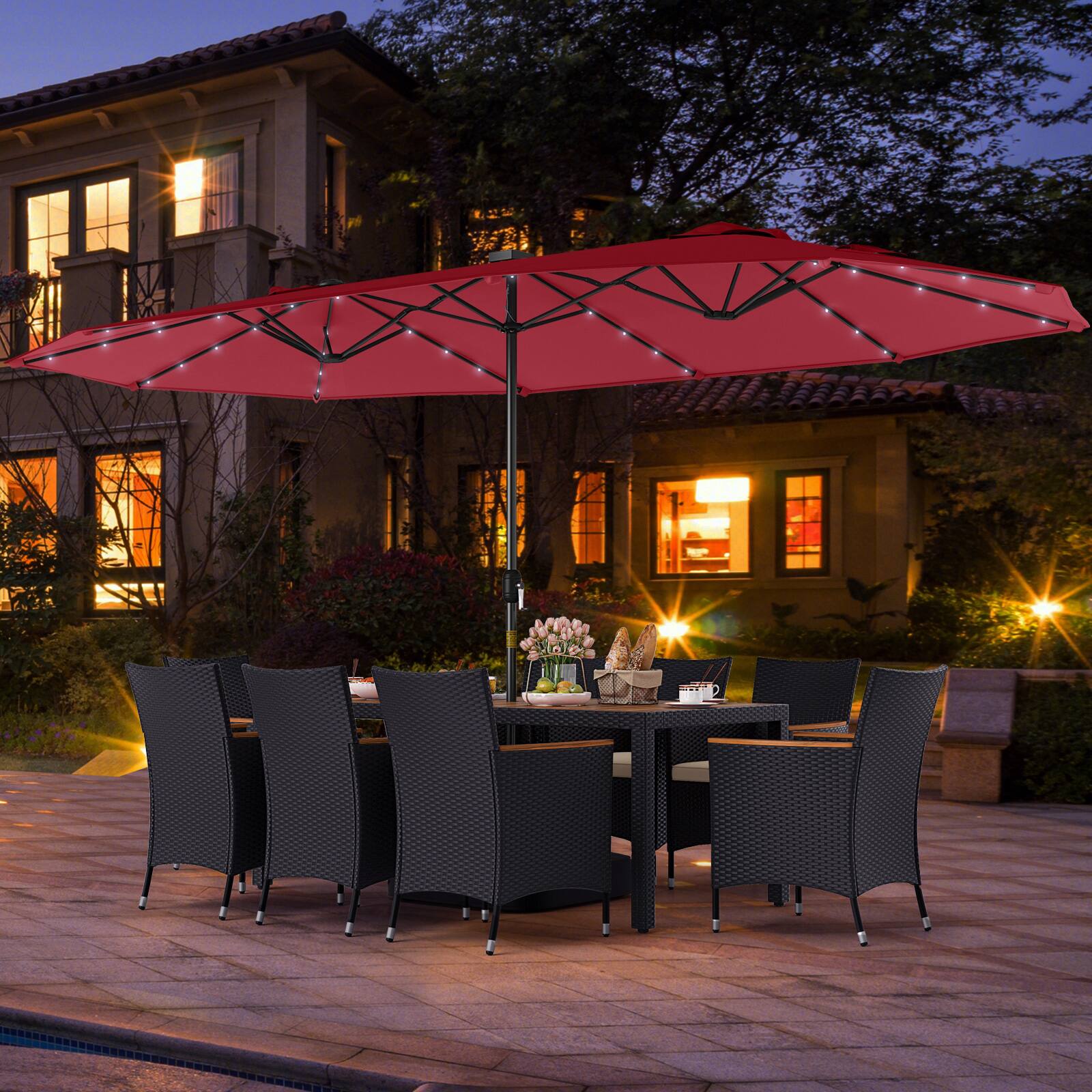 Alt View 3. Gymax - Gymax Set Of 11 Patio Dining Set w/ 15ft Double-Sided Patio Umbrella (Base Included) Wine - Wine.