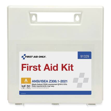 FIRST AID ONLY
91329
First Aid Kit
ANSI/ISEA Z308.1-2021
Meets federal OSHA requirement $1910.151b.
State requirements may vary.
Type: Person
Class: A
Quantity: 50
First Aid Kit meets requirement for ANSI Type A.