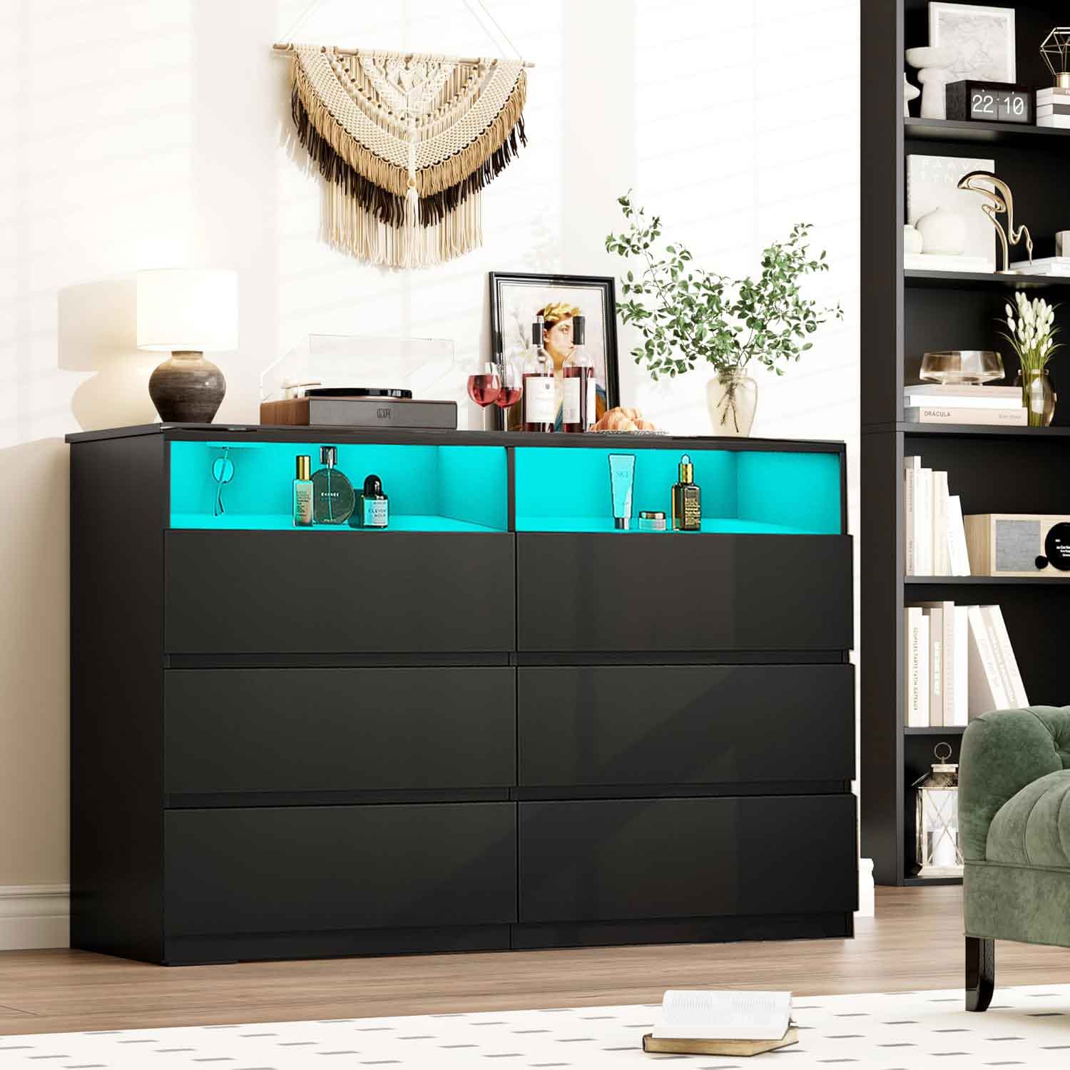 Vipbear - 6-Drawer Double Dresser with Power Outlet & LED Lights, Wide Storage Chest with Open Shelving,White - Black