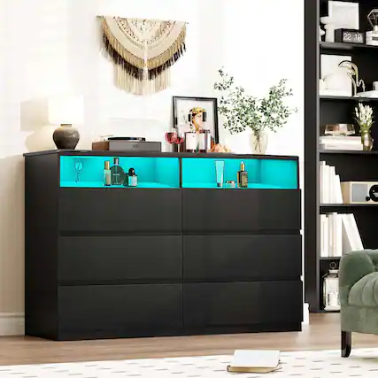 Front. Vipbear - Vipbear 6-Drawer Double Dresser with Power Outlet & LED Lights, Wide Storage Chest with Open Shelving,White - Black.