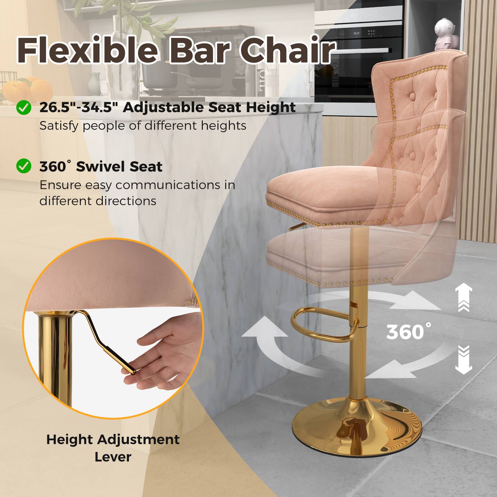 Flexible Bar Chair

- 26.5"-34.5" Adjustable Seat Height: Satisfy people of different heights
- 360° Swivel Seat: Ensure easy communications in different directions
- Height Adjustment Lever