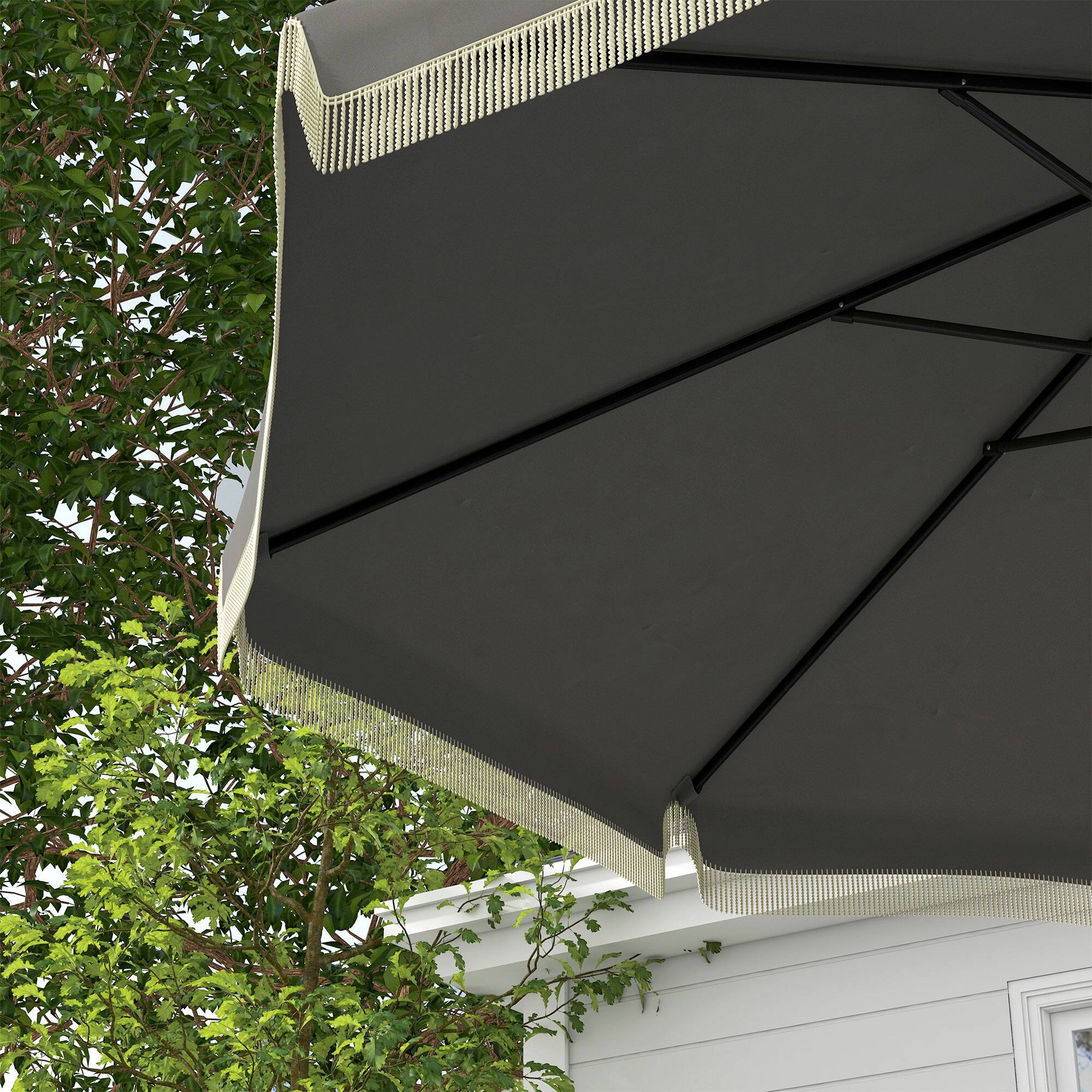 Alt View 8. Outsunny - 9ft Patio Umbrella with Push Button Tilt and Crank, Ruffled Outdoor Market Table Umbrella with Tassles and 8 Ribs - Dark Gray.