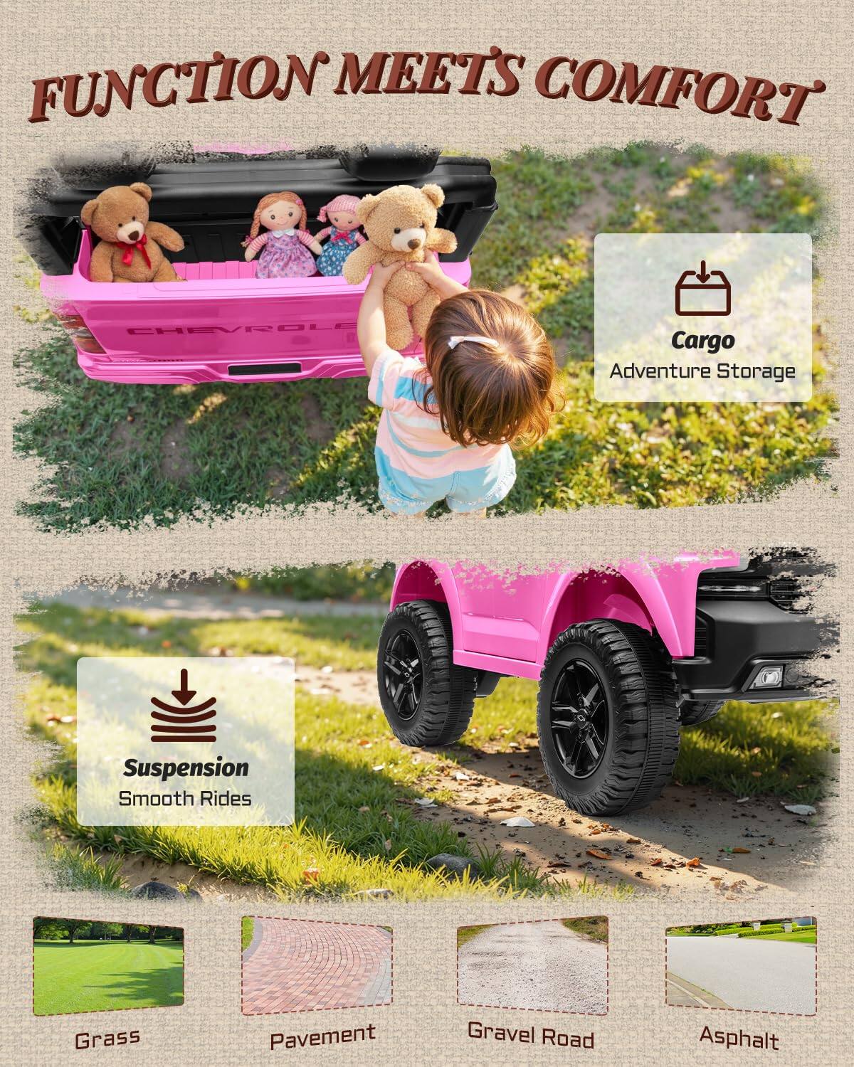 FUNCTION MEET'S COMFORT  
CHEVROLET  
Cargo Adventure Storage  
Suspension Smooth Rides  
Grass Pavement Gravel Road Asphalt