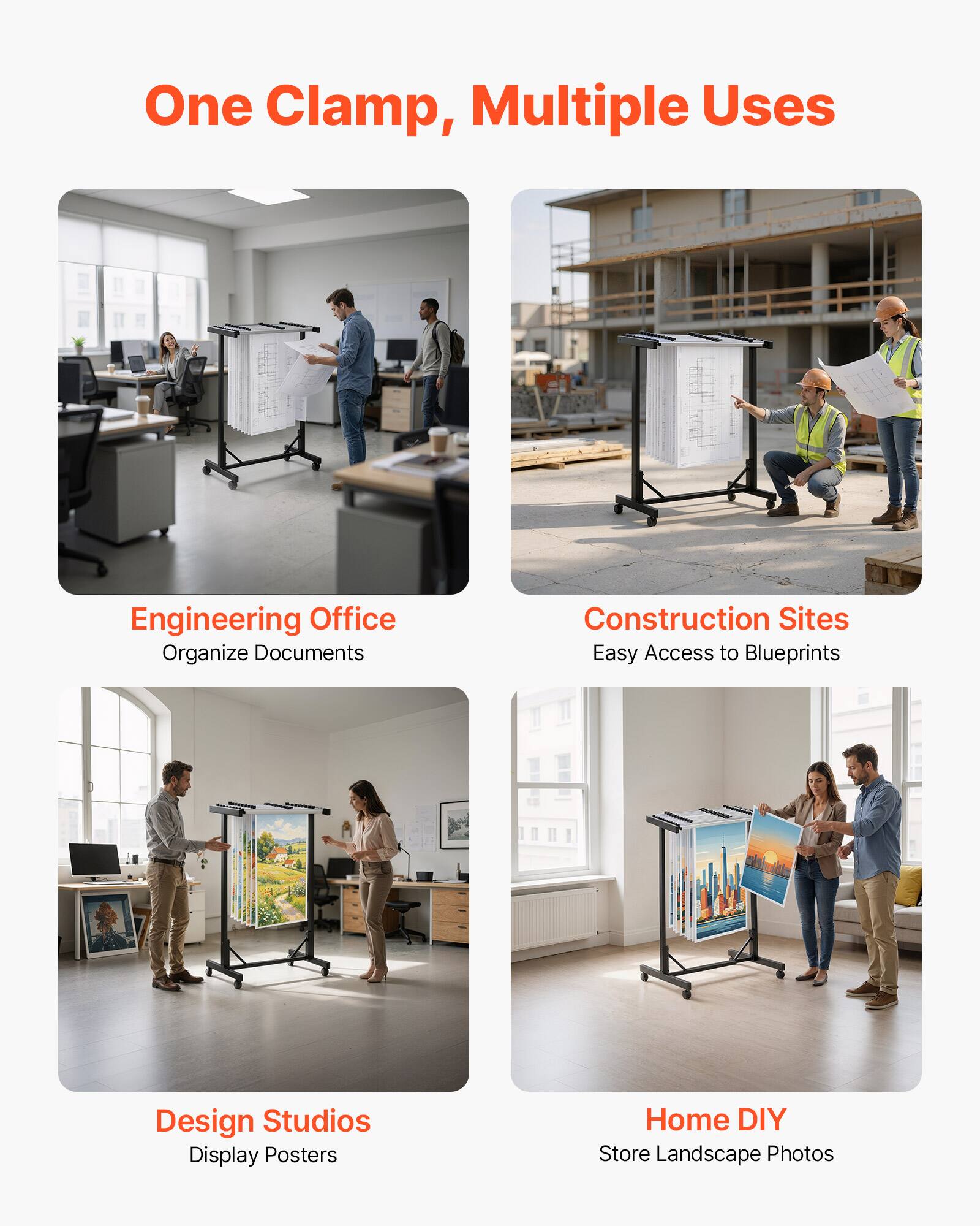 One Clamp, Multiple Uses

Engineering Office
Organize Documents

Construction Sites
Easy Access to Blueprints

Design Studios
Display Posters

Home DIY
Store Landscape Photos