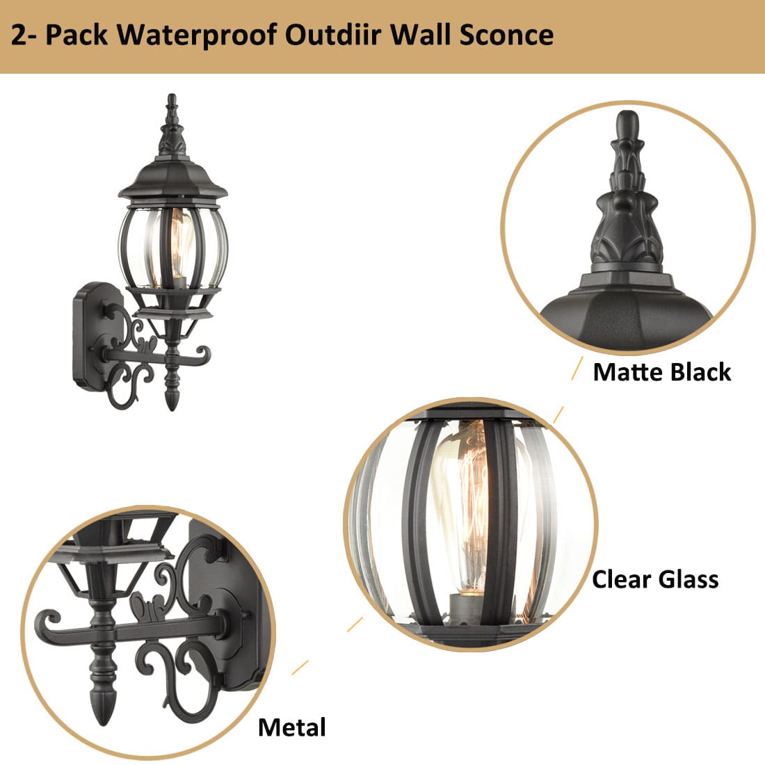 2-Pack Waterproof Outdoor Wall Sconce

- Matte Black
- Clear Glass
- Metal