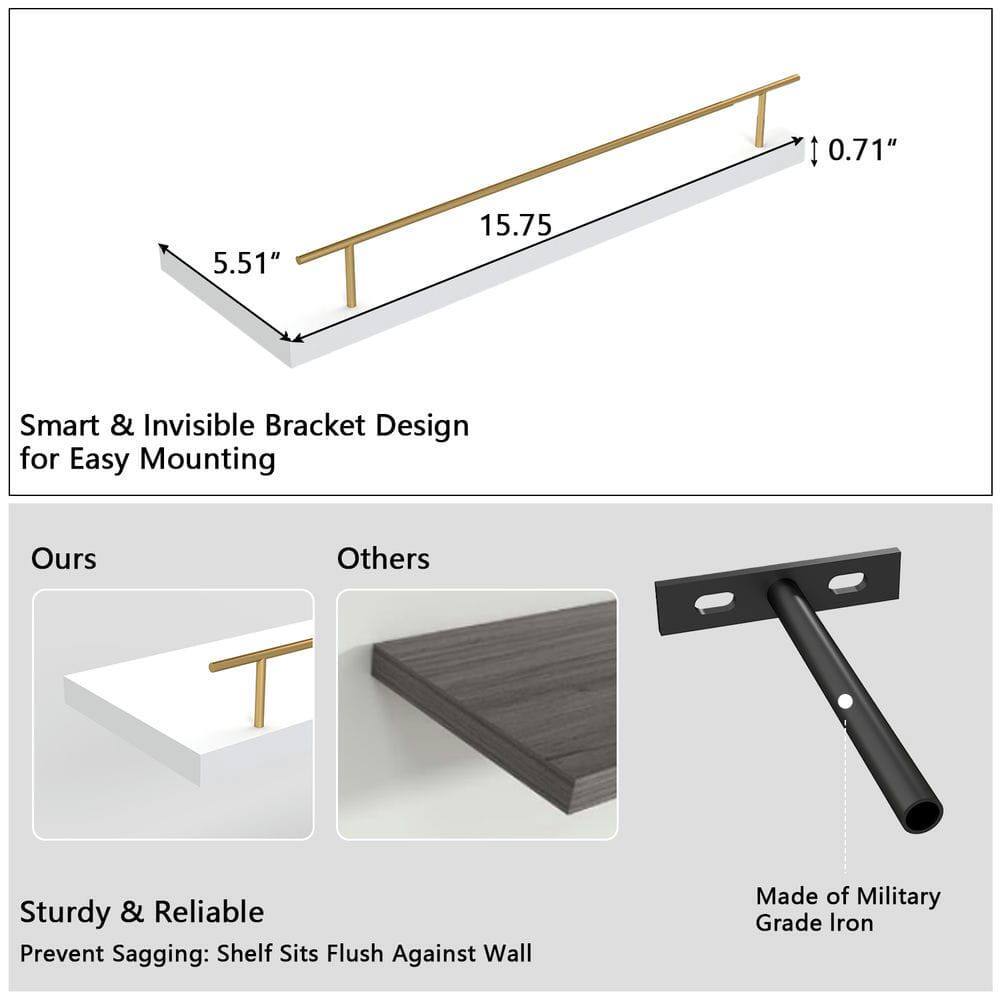 1. 0.71"  
2. 5.51"  
3. 15.75"  

Smart & Invisible Bracket Design for Easy Mounting  

Ours  
Others  

Sturdy & Reliable  
Prevent Sagging: Shelf Sits Flush Against Wall  

Made of Military Grade Iron