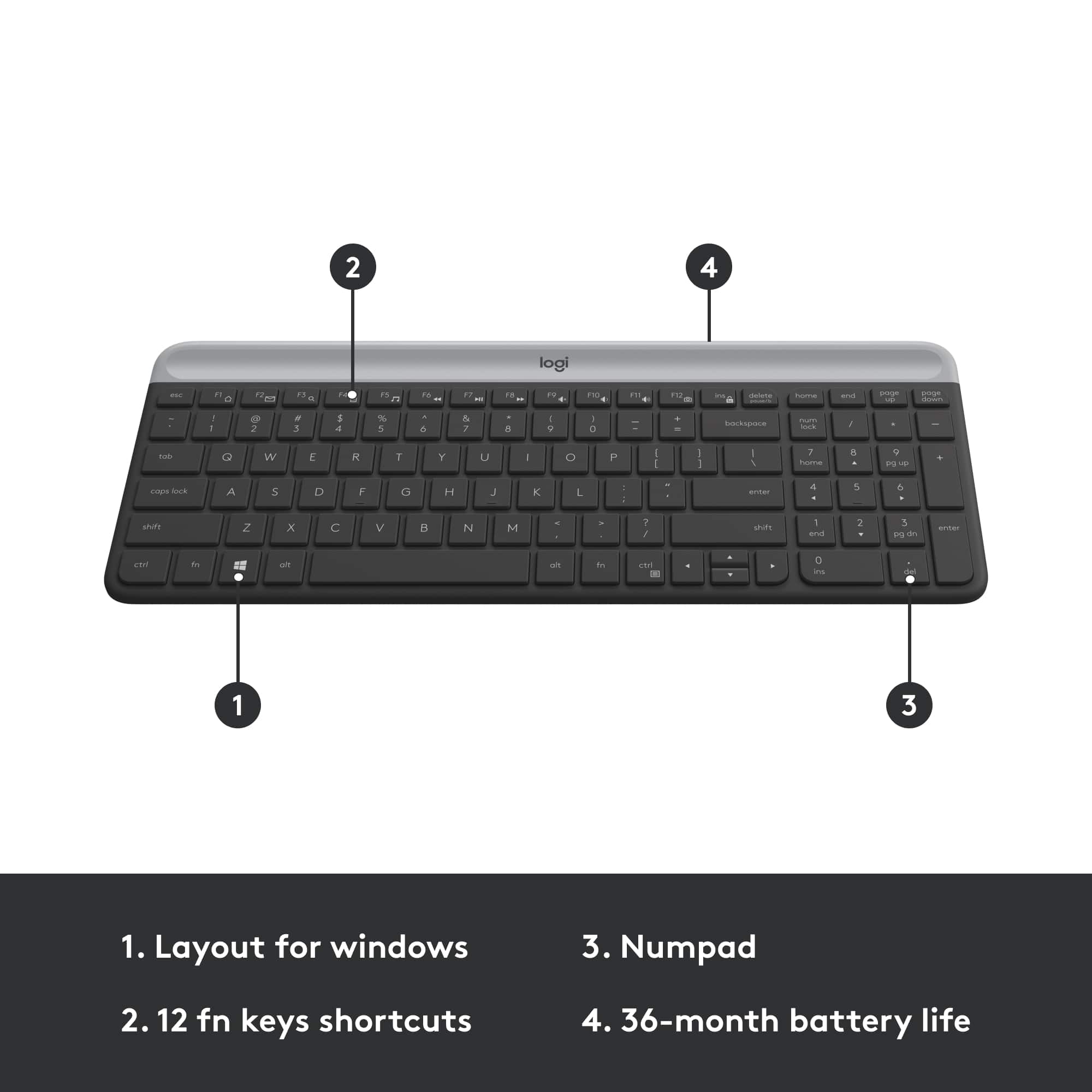 1. Layout for windows
2. Numpad
3. 12 fn keys shortcuts
4. 36-month battery life