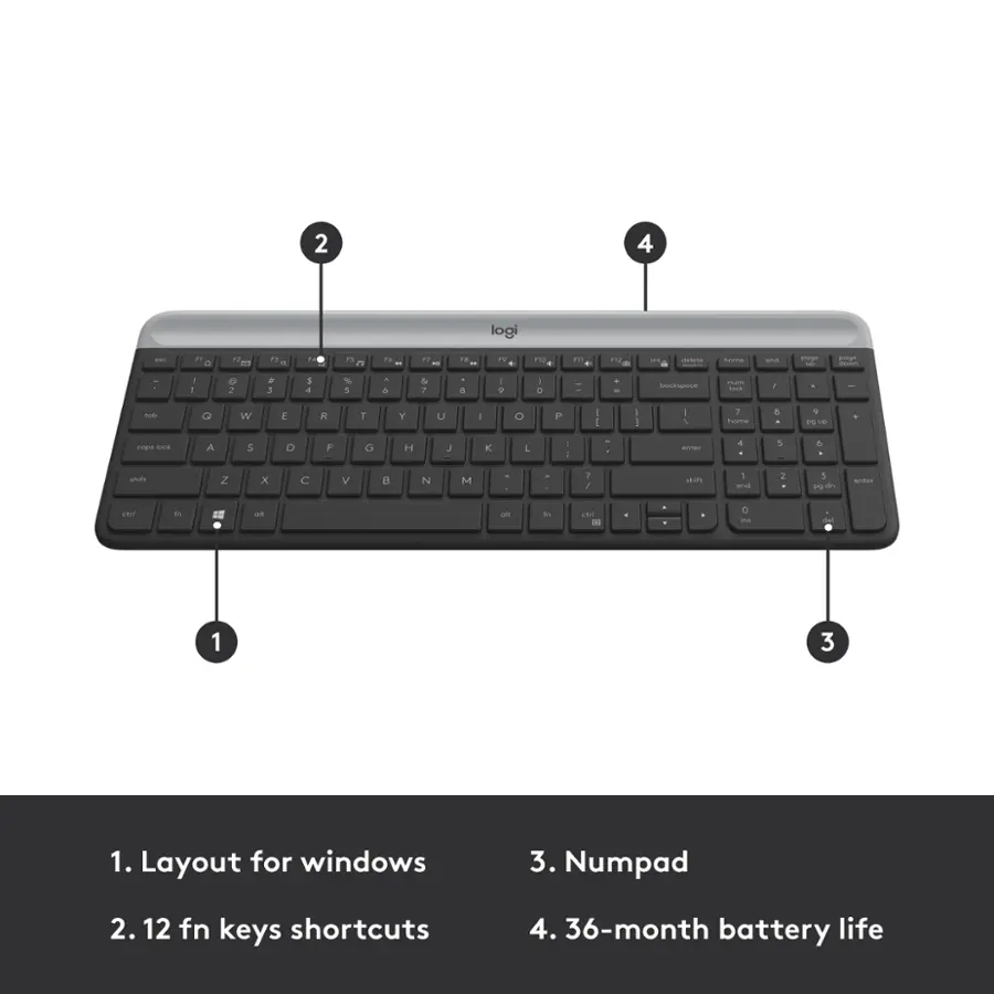1. Layout for windows
2. Numpad
3. 12 fn keys shortcuts
4. 36-month battery life