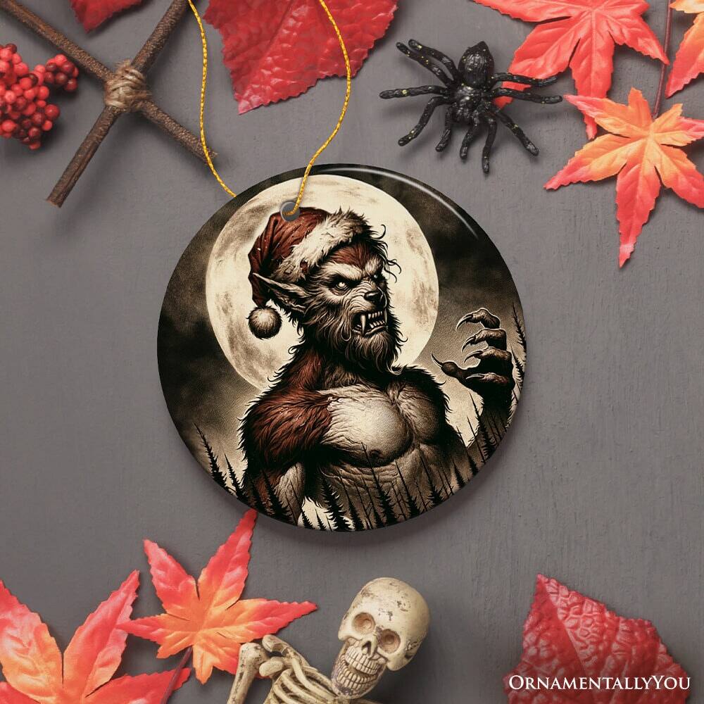 Back. OrnamentallyYou - Ferocious Werewolf with Santa Hat Ornament Terrifying Holiday Gift for Halloween Lovers Version 2 - Multi-colored.
