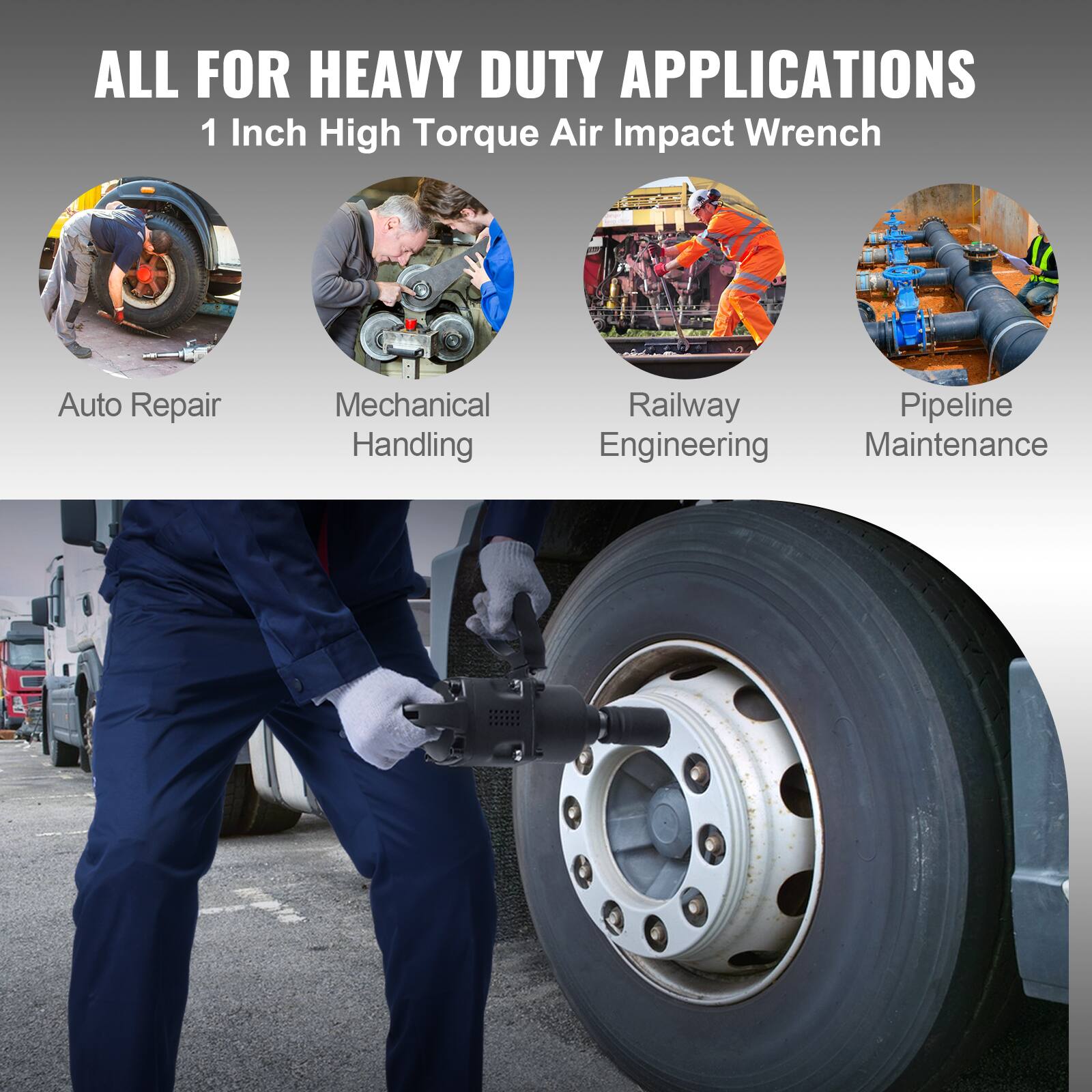 ALL FOR HEAVY DUTY APPLICATIONS  
1 Inch High Torque Air Impact Wrench  

- Auto Repair  
- Mechanical Handling  
- Railway Engineering  
- Pipeline Maintenance