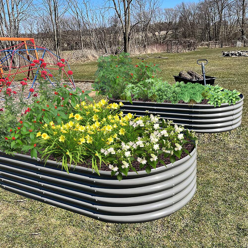 Left. A Anleolife - 6-Pack Metal Oval Raised Garden Bed Planter Boxes for Vegetables Flowers Herbs (72 in. L x 24 in. W x 18 in. H) - Gray.