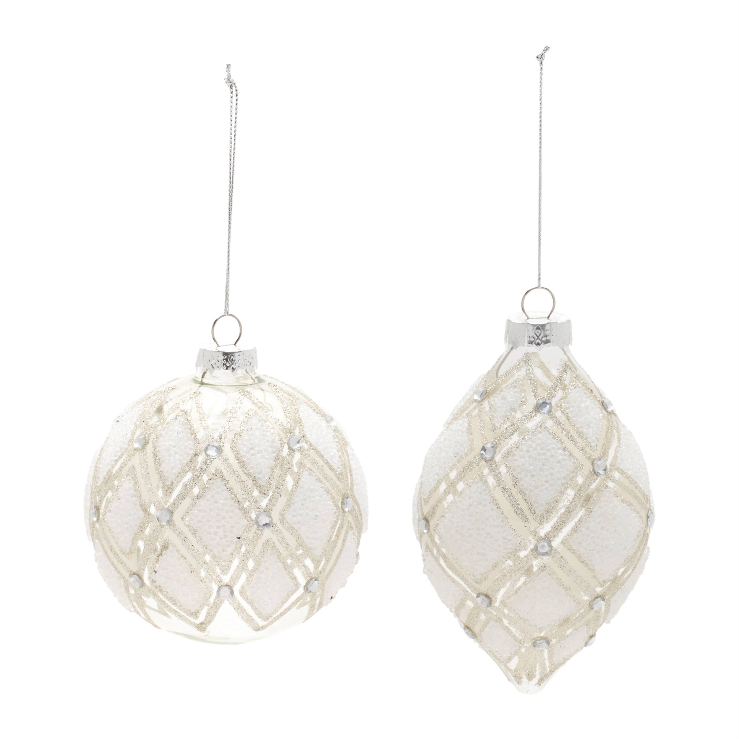 Angle. BreeBe - Jeweled Diamond Glass Ornament (Set of 6) - Clear.