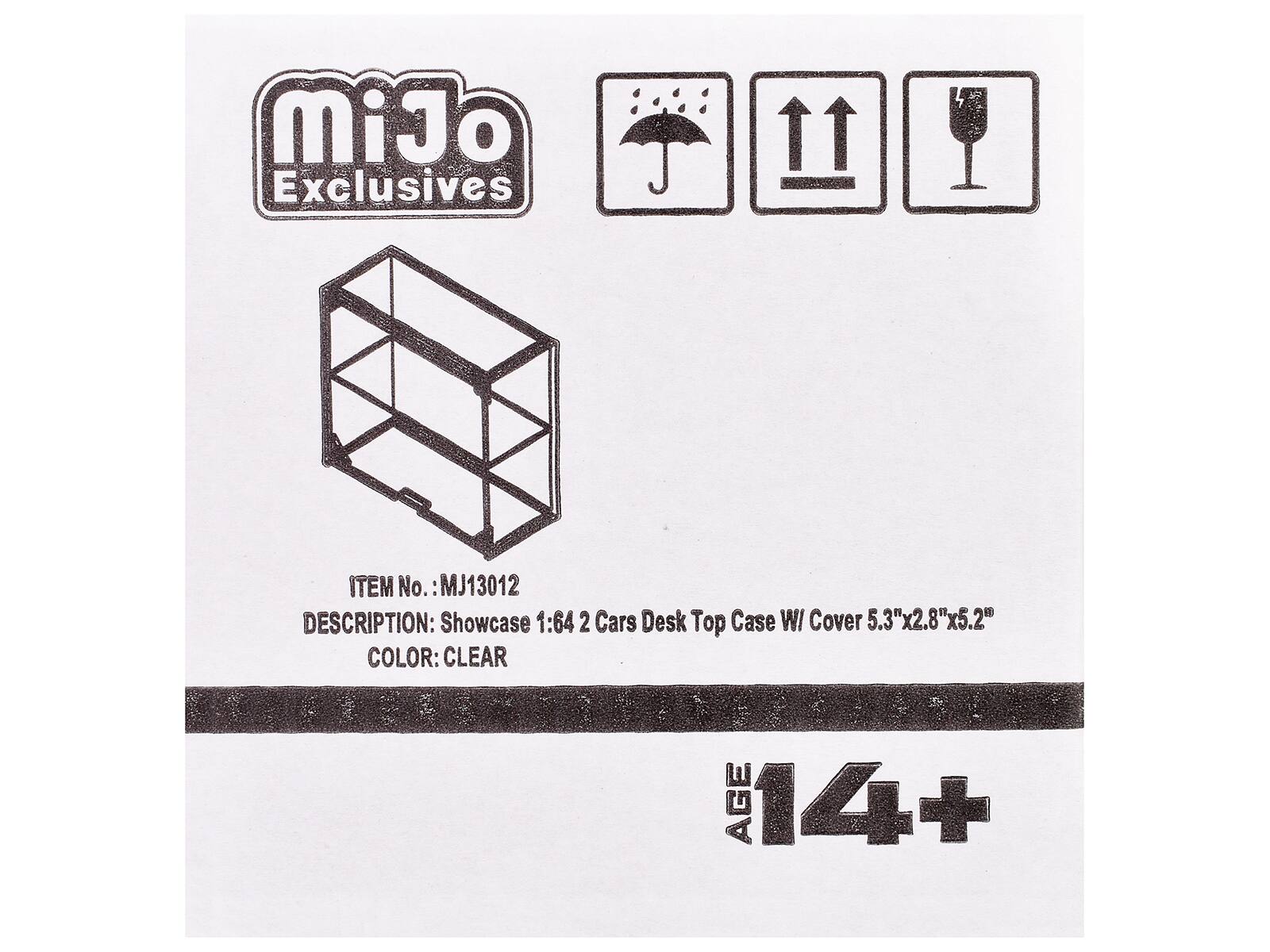 MiJo Exclusives

ITEM No. MJ13012  
DESCRIPTION: Showcase 1:64 2 Cars Desk Top Case W/ Cover 5.3"x2.8"x5.2"  
COLOR: CLEAR  
AGE 14+