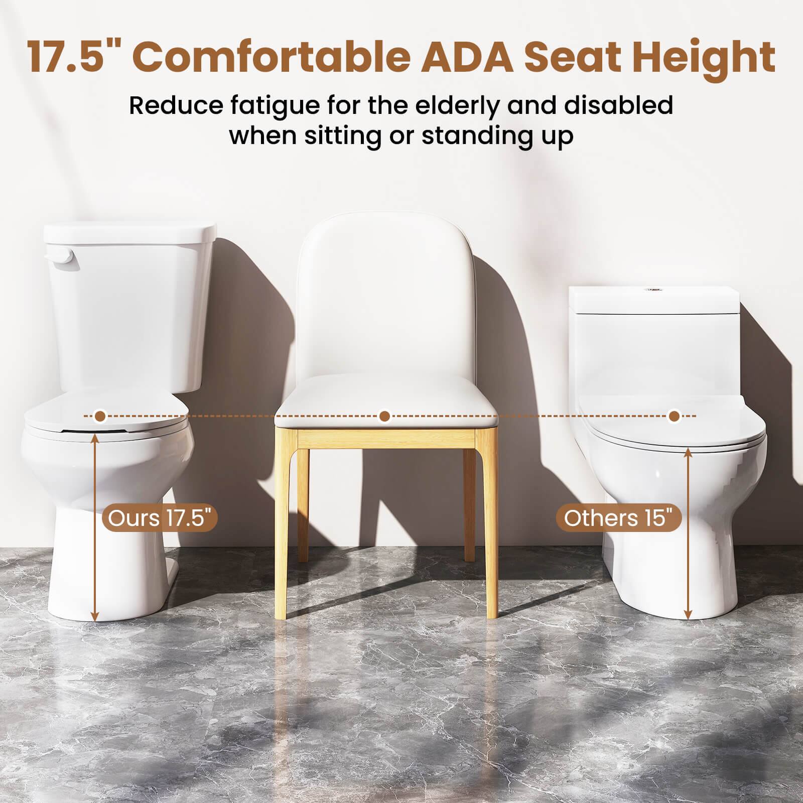 17.5" Comfortable ADA Seat Height  
Reduce fatigue for the elderly and disabled when sitting or standing up  

Ours 17.5"  
Others 15"