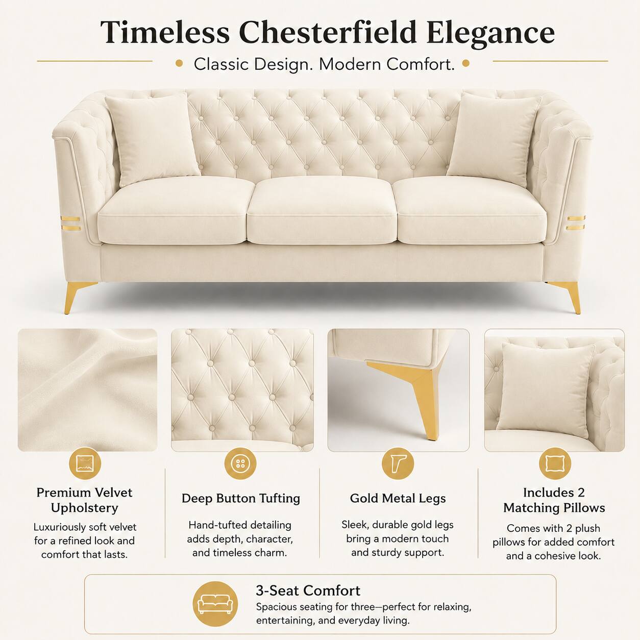 Timeless Chesterfield Elegance  
Classic Design. Modern Comfort.  

Premium Velvet Upholstery  
Luxuriously soft velvet for a refined look and comfort that lasts.  

88 Deep Button Tufting  
Hand-tufted detailing adds depth, character, and timeless charm.  

Gold Metal Legs  
Sleek, durable gold legs bring a modern touch and sturdy support.  

Includes 2 Matching Pillows  
Comes with 2 plush pillows for added comfort and a cohesive look.  

3-Seat Comfort  
Spacious seating for three—perfect for relaxing, entertaining, and everyday living.