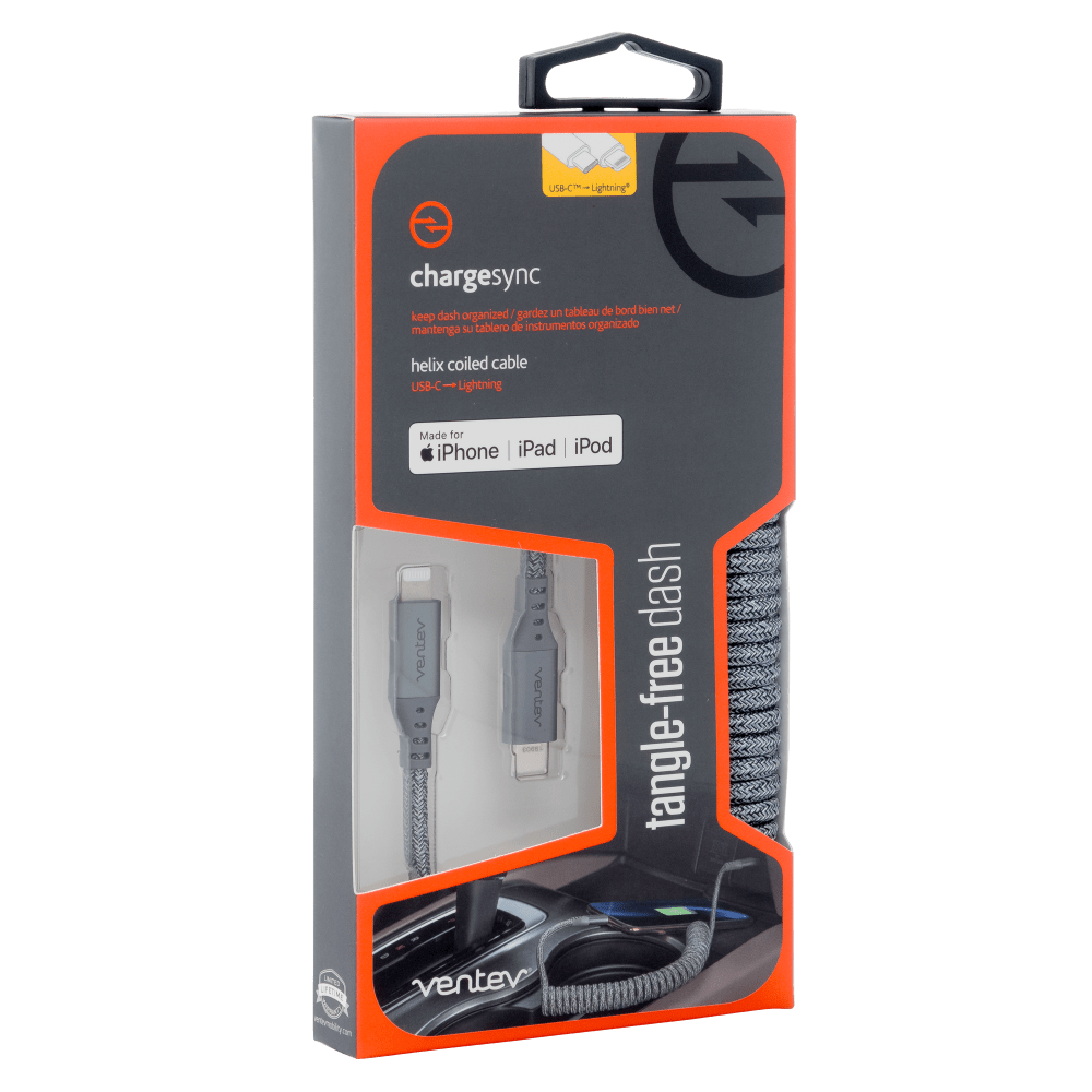 USB-C Lightning* e chargesync un tableau de bord bien net/ keep dash organized gardez mantenga SU tablero de instrumentos organizado

helix coiled cable USB-C Lightning

Made for iPhone iPad iPod

ventev LIFETIME entermably.com

dash tangle-free