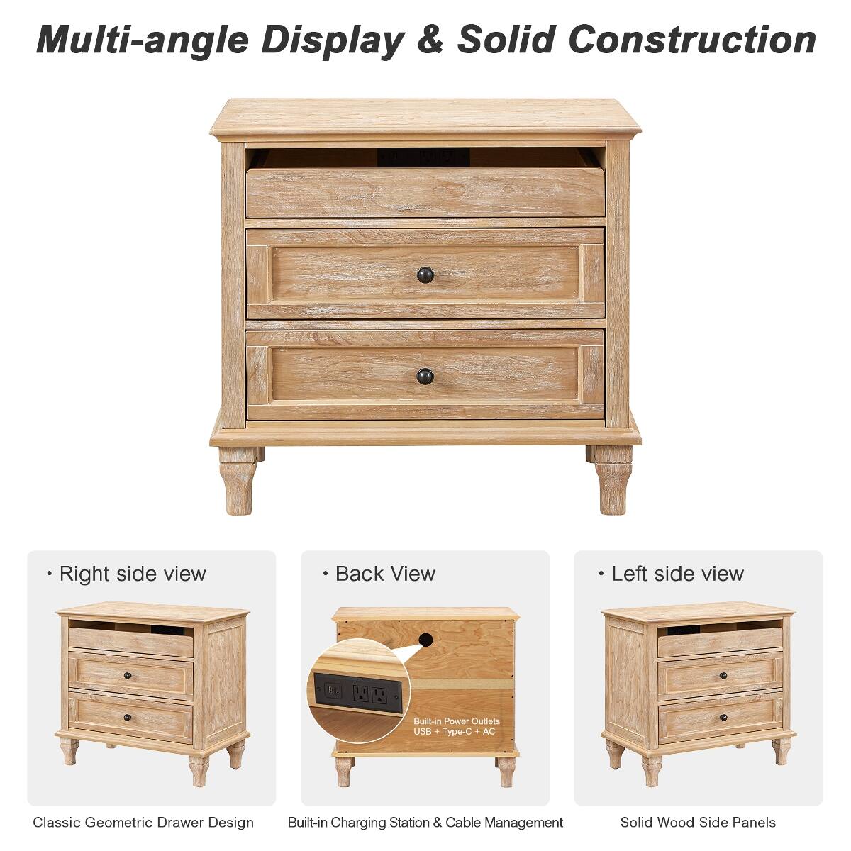 Multi-angle Display & Solid Construction

- Right side view
- Back View
- Left side view

Classic Geometric Drawer Design

Built-in Power Outlets USB + Type-C + AC

Built-in Charging Station & Cable Management

Solid Wood Side Panels