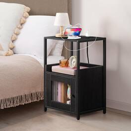 Oumilen - Nightstand with Charging Station, 3-Tier End Table with Storage Cabinet & Side Pocket - Black