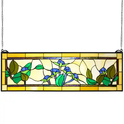 Front. VEVOR - Stained Glass Window Panel, 35.2" x 13.1" Tiffany Style Hanging Transom Window Panel with Chain - Colorful.