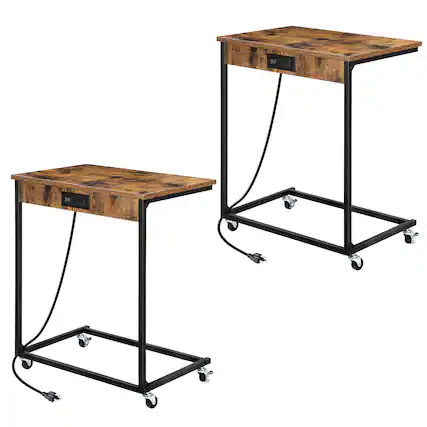 Front. Oumilen - 2PCS Mobile C-Shaped Overbed Table with Rolling Casters - Brown.