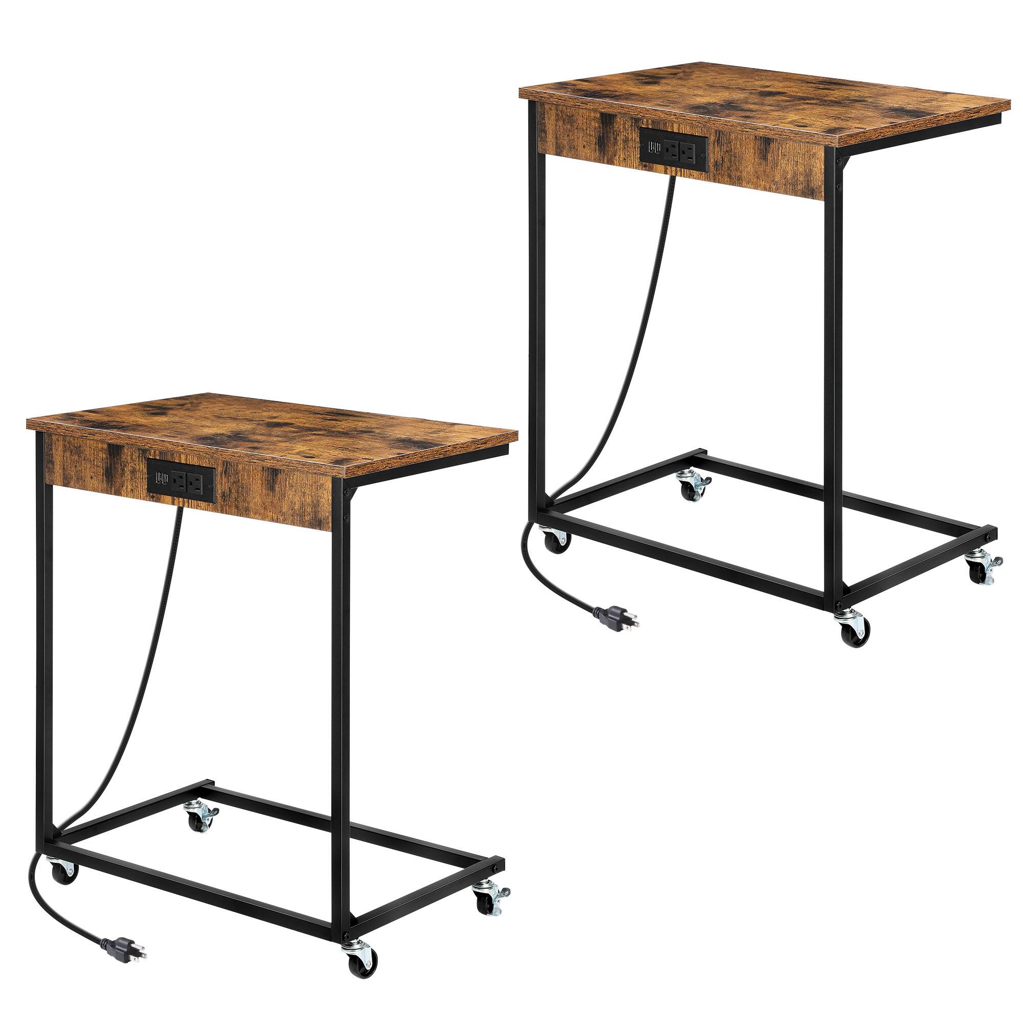 Front. Oumilen - 2PCS Mobile C-Shaped Overbed Table with Rolling Casters - Brown.