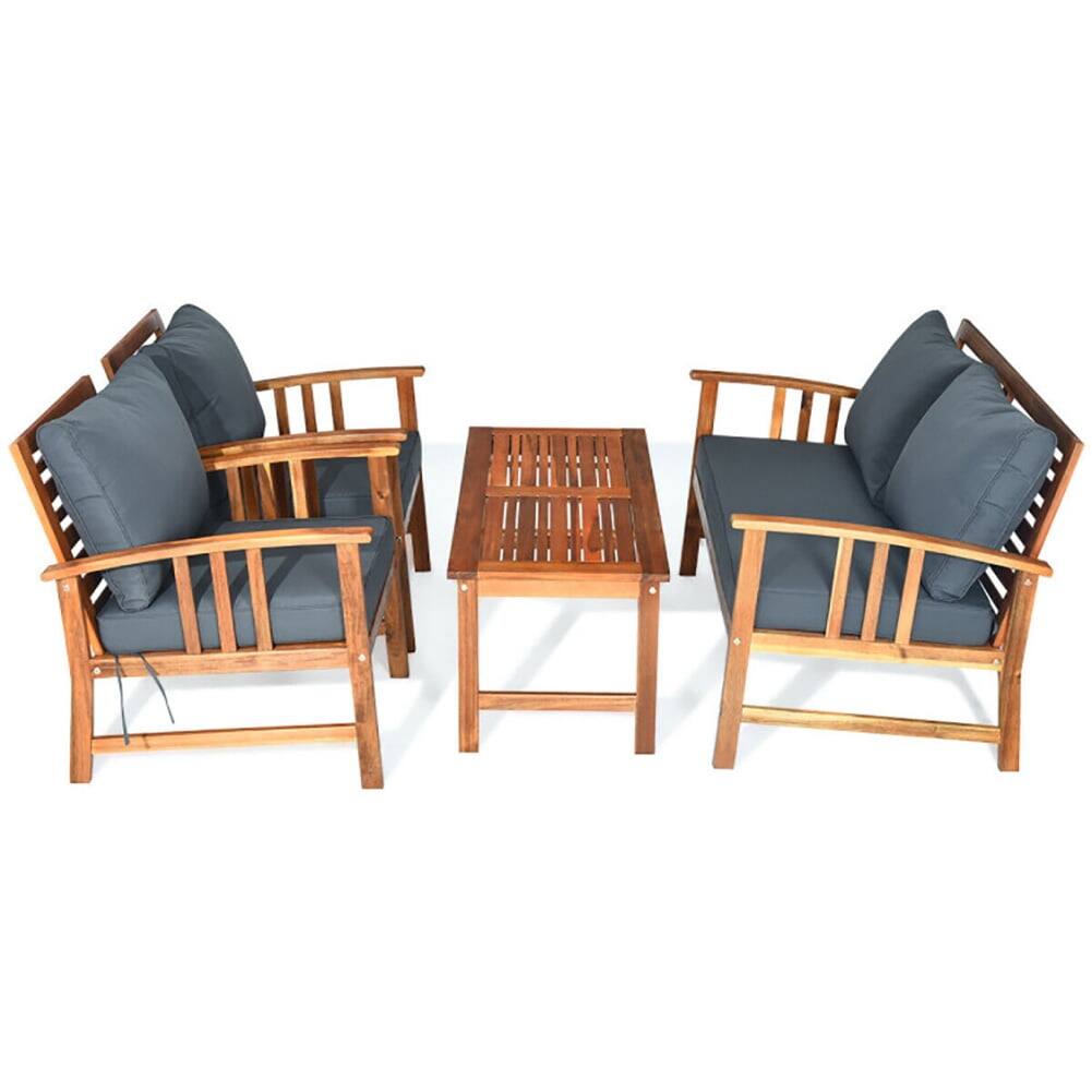 Back. Kadyn - 4 Pieces Wooden Patio Conversation Furniture Sets Sofa Chair with Cushion, Outdoor Garden Table for Yard and Bistro - Gray.