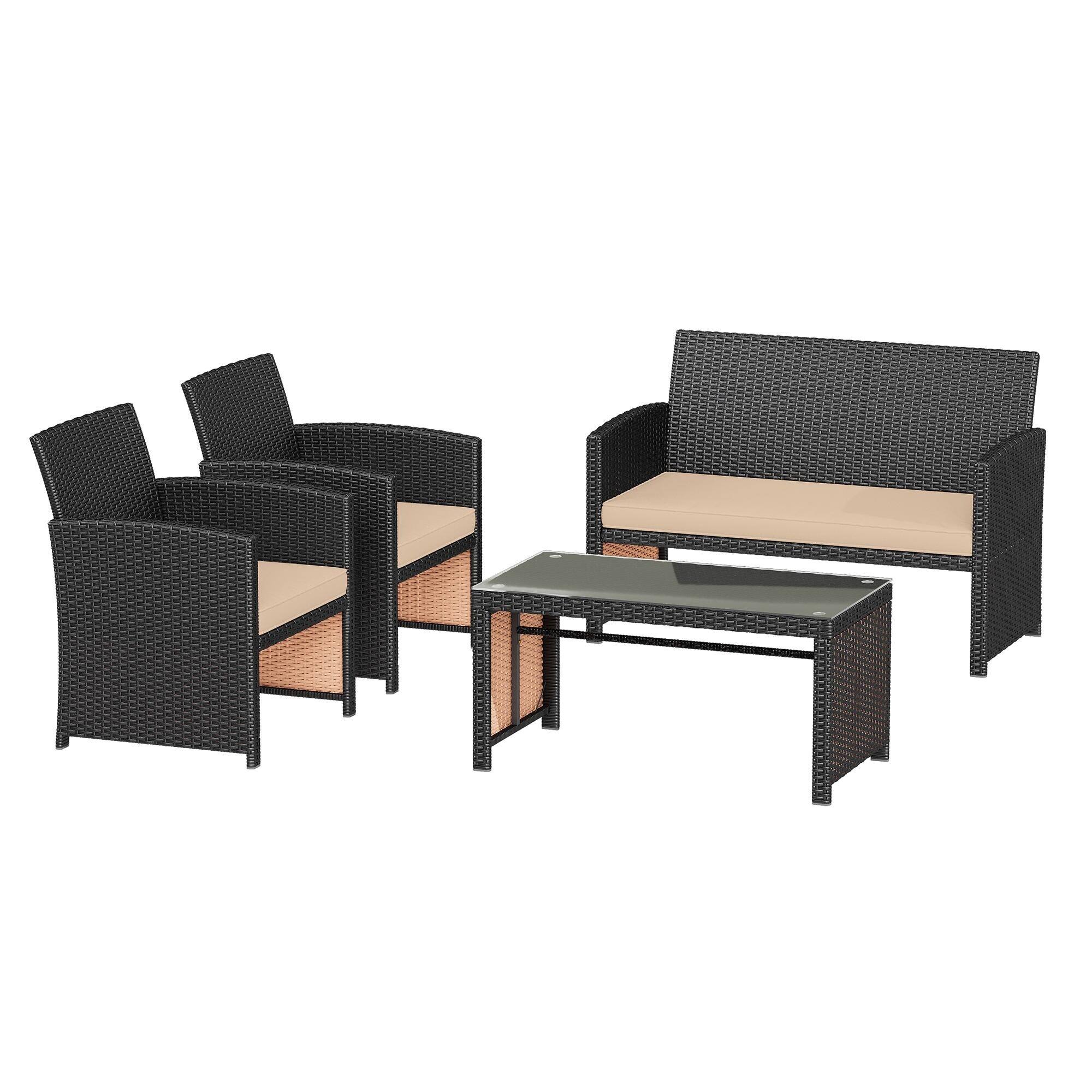 Alt View 5. U-HOMY - All-Weather PE Rattan Patio Furniture Set – 4-Piece Wicker Sofa & Glass Coffee Table with Cushions - Khaki.