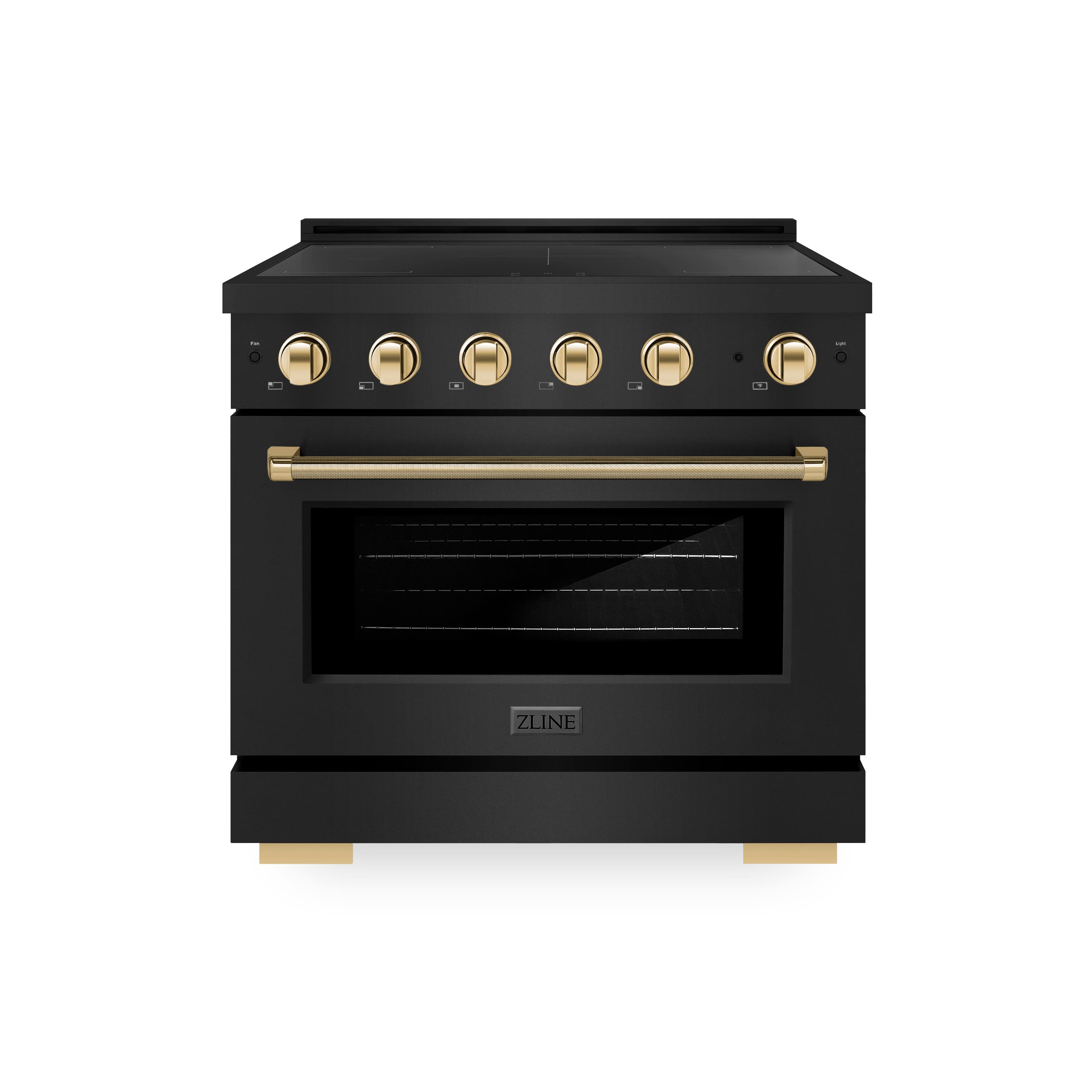 Front. ZLINE - 36 in. Wide 5 Elements Autograph 5.2 cu. ft. Paramount Freestanding Induction Range in Black Steel & Gold Helix Handle - Stainless Steel.