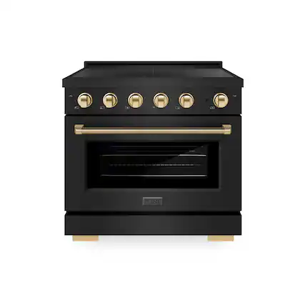 Front. ZLINE - Autograph 36 in. 5.2 cu. ft. Paramount Freestanding Induction Range w/ 5 Burners in Black Steel & Gold Helix Handle - Stainless Steel.
