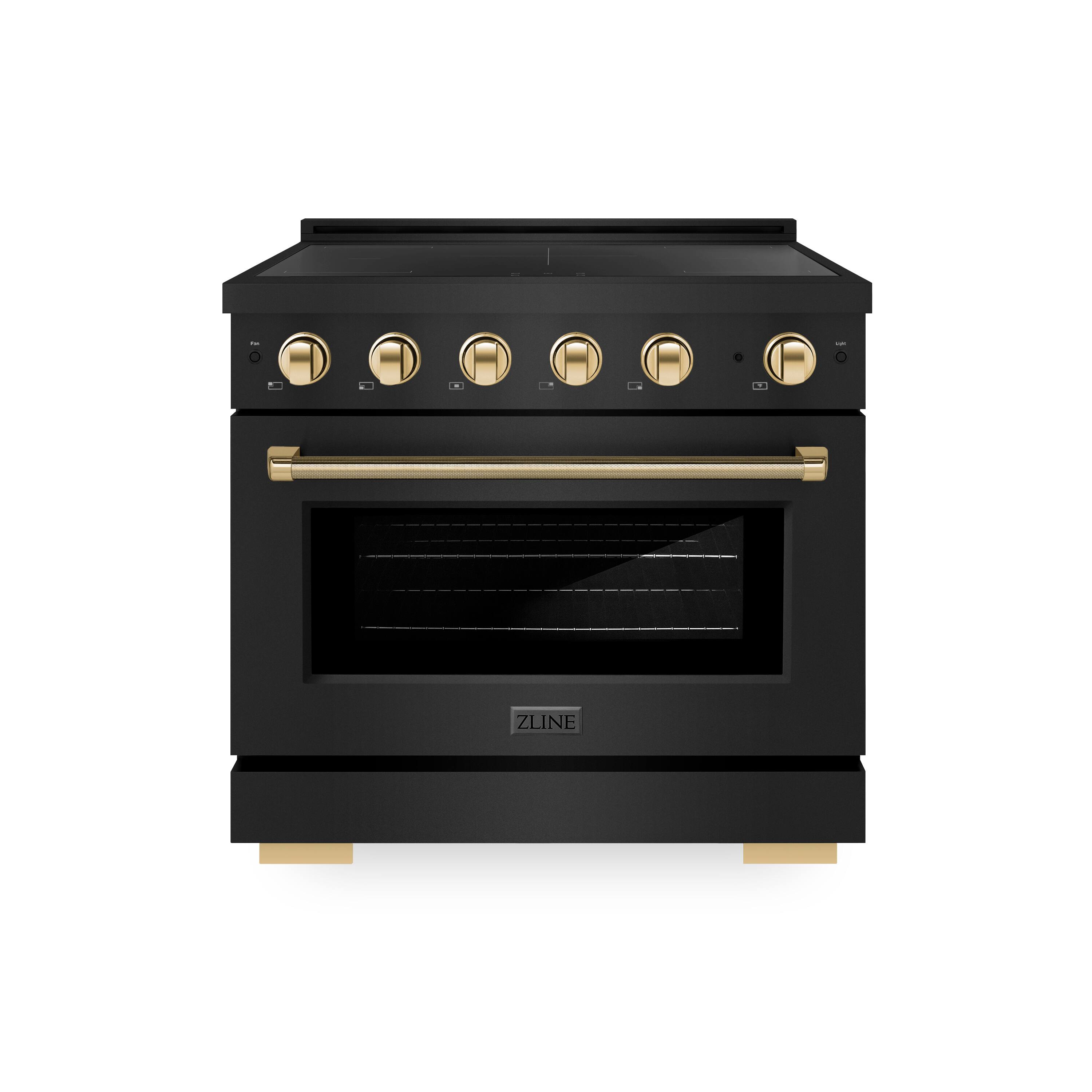 Front. ZLINE - Autograph 36 in. 5.2 cu. ft. Paramount Freestanding Induction Range w/ 5 Burners in Black Steel & Gold Helix Handle - Stainless Steel.