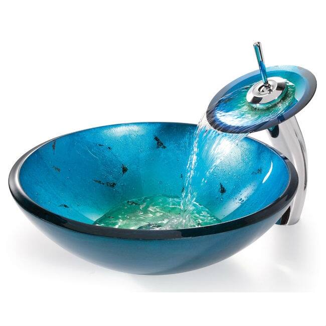 Back. Hivvago - Round Blue Tempered Glass Vessel Bathroom Sink - Blue.