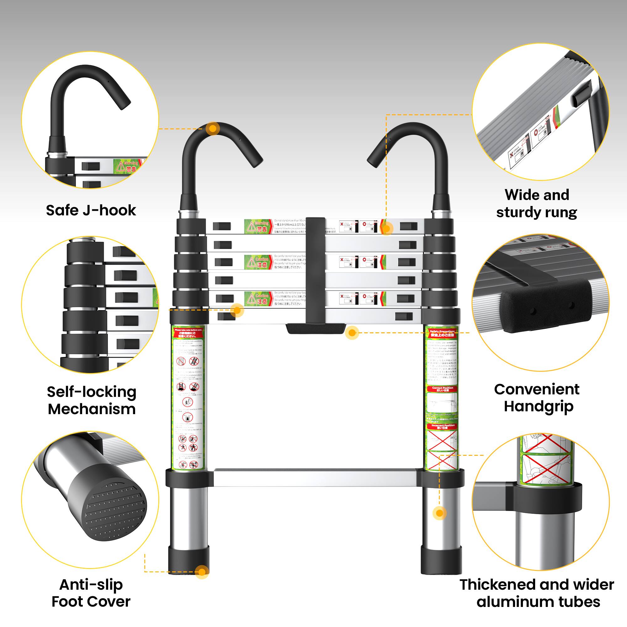- Safe J-hook
- Wide and sturdy rung
- Self-locking Mechanism
- Convenient Handgrip
- Anti-slip Foot Cover
- Thickened and wider aluminum tubes