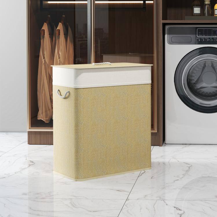 Alt View 2. PULUZ - Double Laundry Basket with Lid, 26.4 Gallon Bamboo Laundry Hamper with Rope Handles and Removable Liner - Natural.