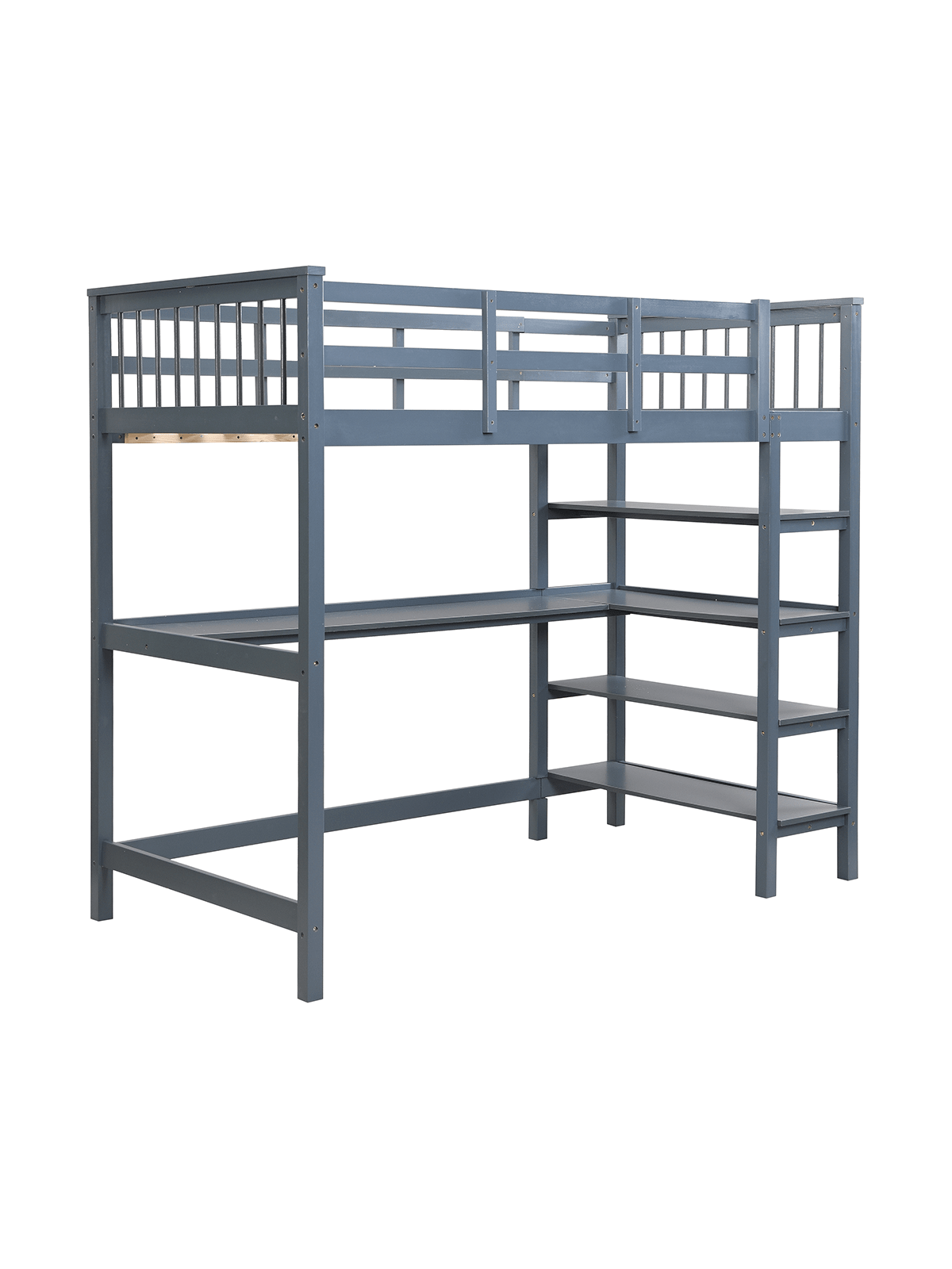Alt View 2. Trinkets Crazed - Full Loft Bed With Desk And Storage Shelves, Wood Full Size Loft Bed, High Loft Bed Full - Gray.