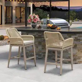 PURPLE LEAF - Outdoor Counter/Bar Height StoolsRattan Wicker Bar Chairs Woven Aluminum Barstools with Back and Cushions Set of 2 - Champagne-Counter Stool
