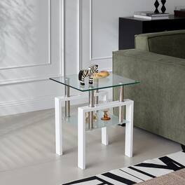 Loheer - Tempered Clear Glass End Table 2-Layer Small Sofa Side Table with Storage - White