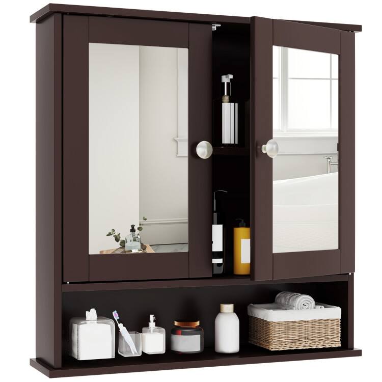 Front. SlickBlue - Wall-Mount Mirror Cabinet for Bathroom Storage and Organization - Brown.