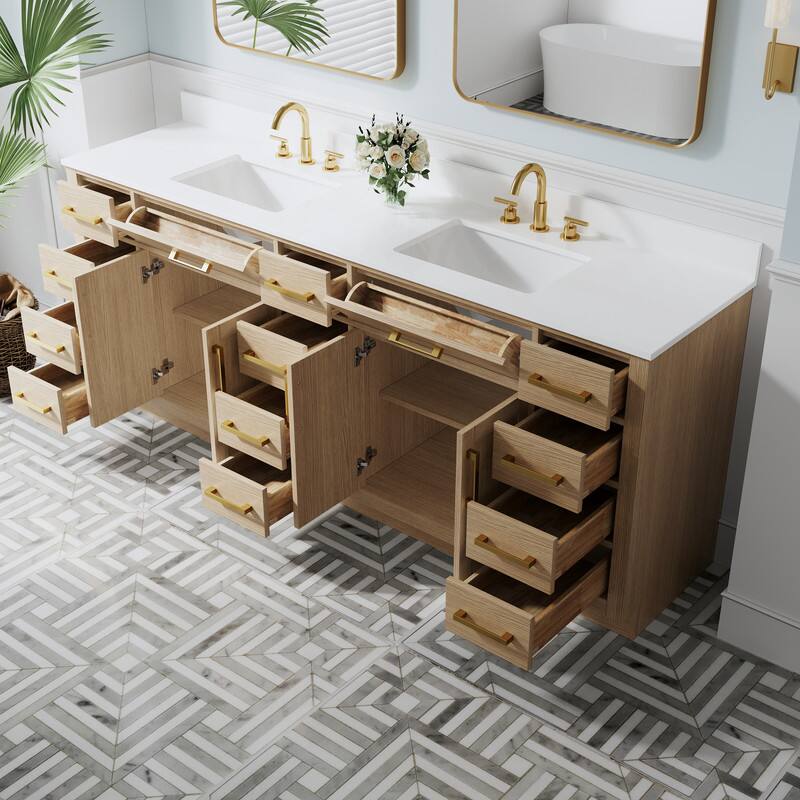 Left. WELLFOR - 84" Solid Wood Bathroom Vanity with Double Sink, 4 Soft-Close Doors, 14 Drawers& Cultured Marble Countertop - OAK.