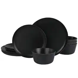 Gibson - Home Fairhope 12 Piece Melamine Round Dinnerware Set in Matte - Black