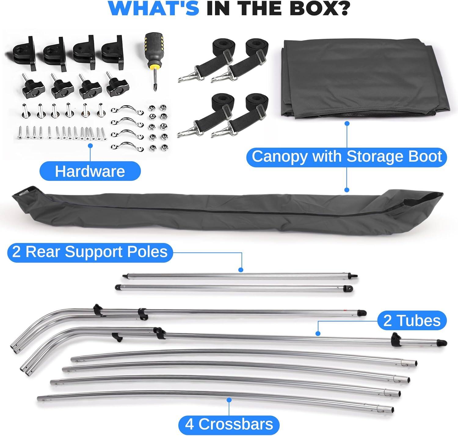 WHAT'S IN THE BOX?

- Hardware
- Canopy with Storage Boot
- 2 Rear Support Poles
- 2 Tubes
- 4 Crossbars