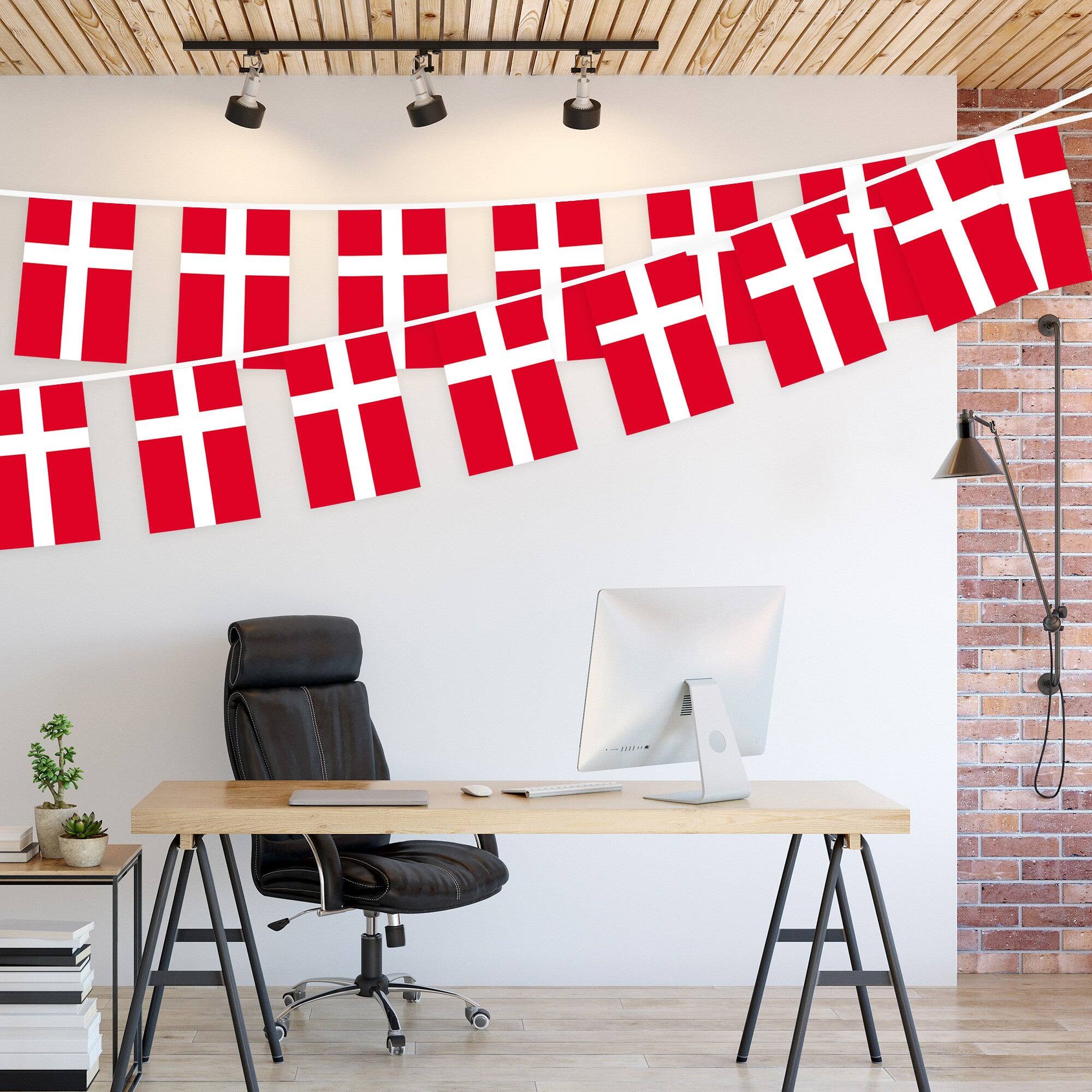 Left. G128 - Denmark Flag Bunting - 38 Mini Flags on 33 ft String, 150D Polyester (8.2 x 5.5 in). - Assorted Colors.