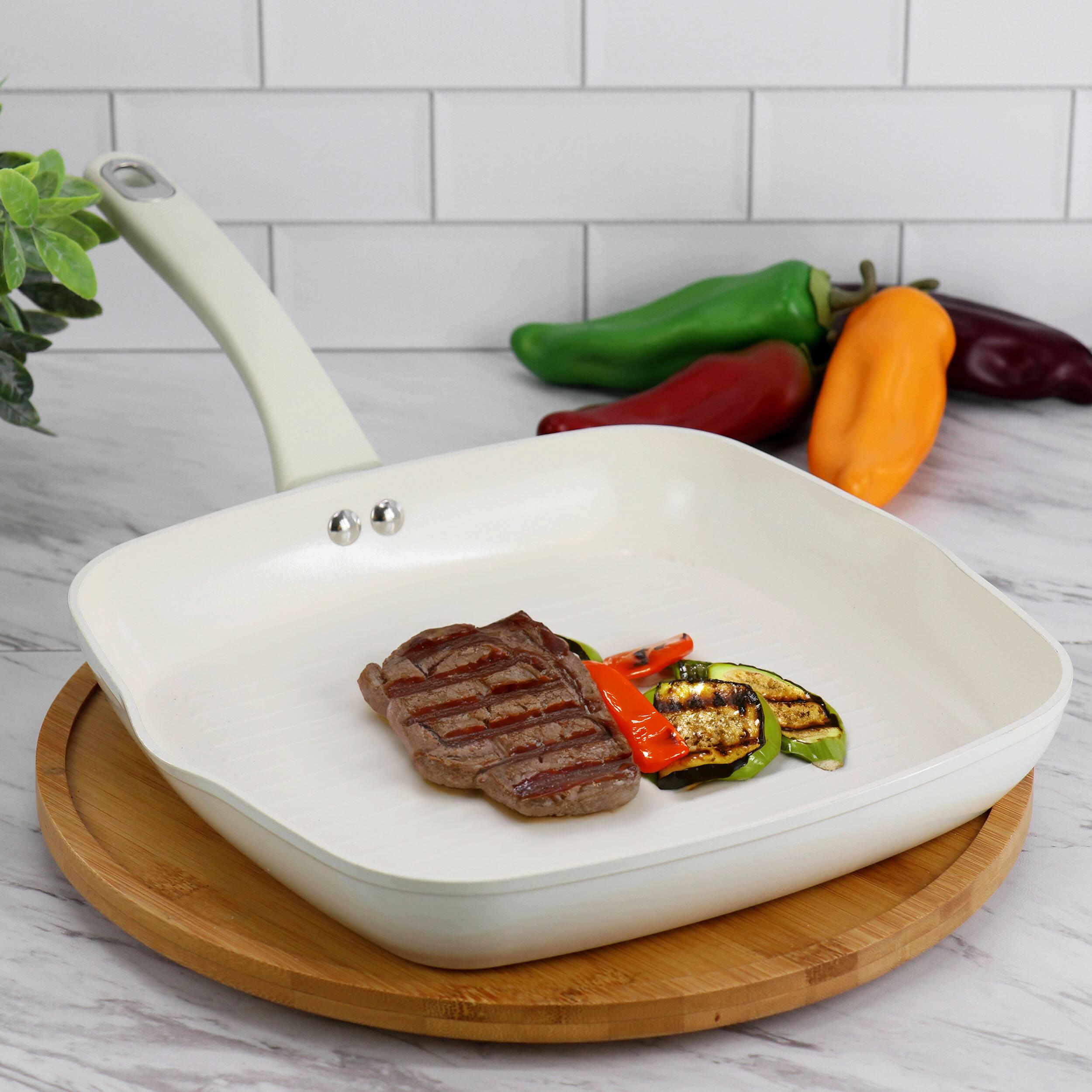 Alt View 4. Martha Stewart - Martha Stewart Everyday Rexford 10 Inch Ceramic Nonstick Aluminum Square Grill Pan in Linen - Linen.